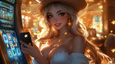 Anime style girl holding phone with slot machine background for casino welcome